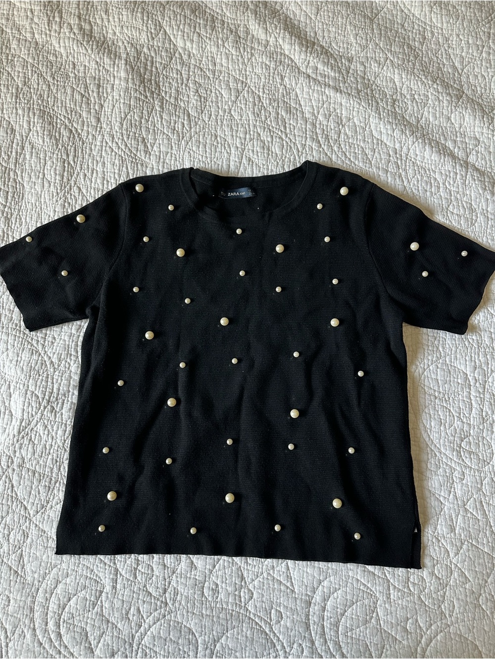 Zara Black Short Sleeve Top with Pearl Embellishments